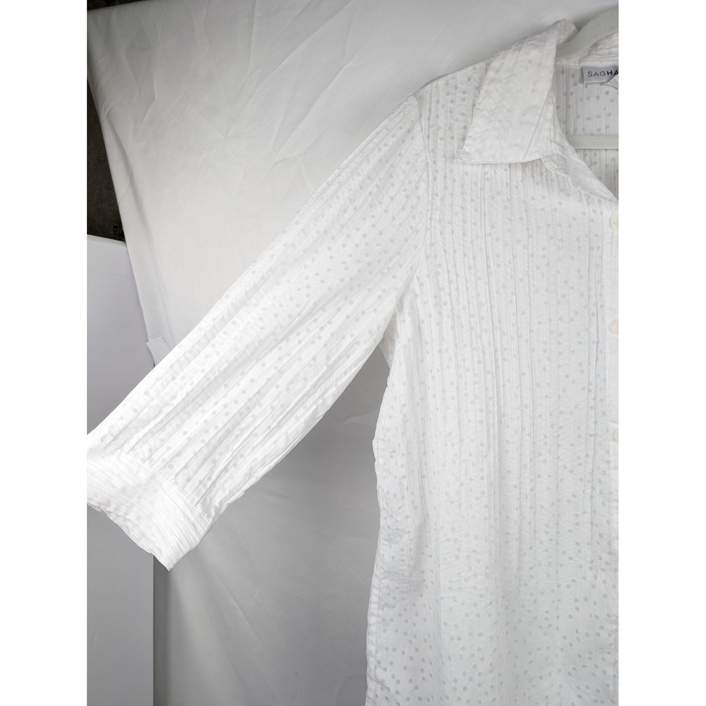 Polka Dot Textured Button Up Top Size M White Long Sleeve Coquette Coastal Gauze - Picture 4 of 10